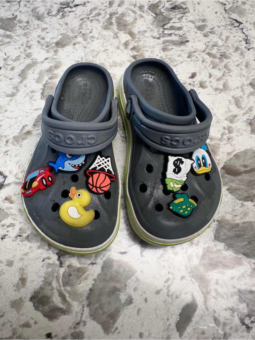CROCS Bayaband Kids Clog in Dark Gray with Lime Trim with Jibbitz charms